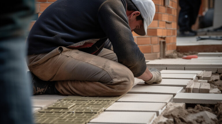 un carrelagiste a genou travaille sur la mise a niveau de son carreau