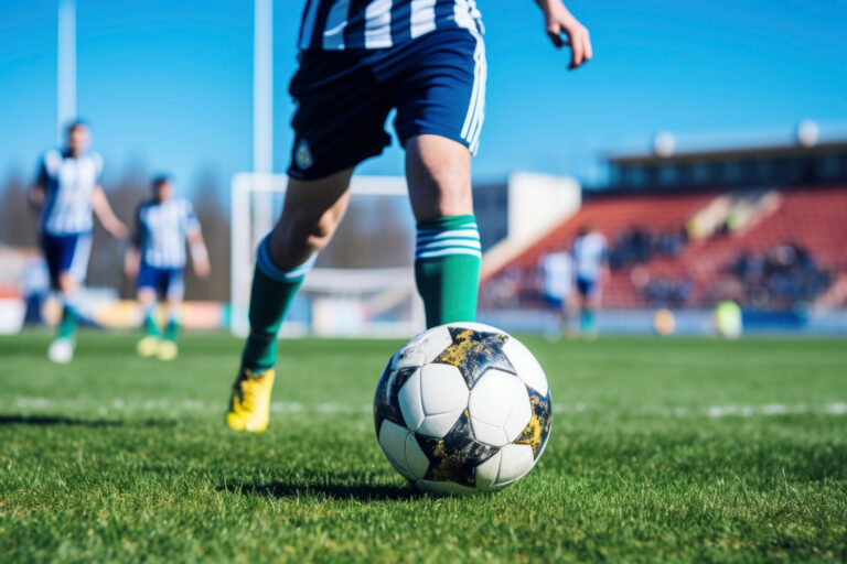 vue joueur football ballon au pied sur le terrain de foot