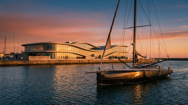 Sleek racing yacht in Sables-d'Olonne harbor at golden hour, with the wave-like Cité du Vendée Globe building glowing.